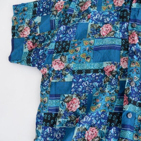 Vintage 90'S Robert Stock 100% Silk  Teal Floral Block Pattern Button Up Size M - Picture 9 of 11